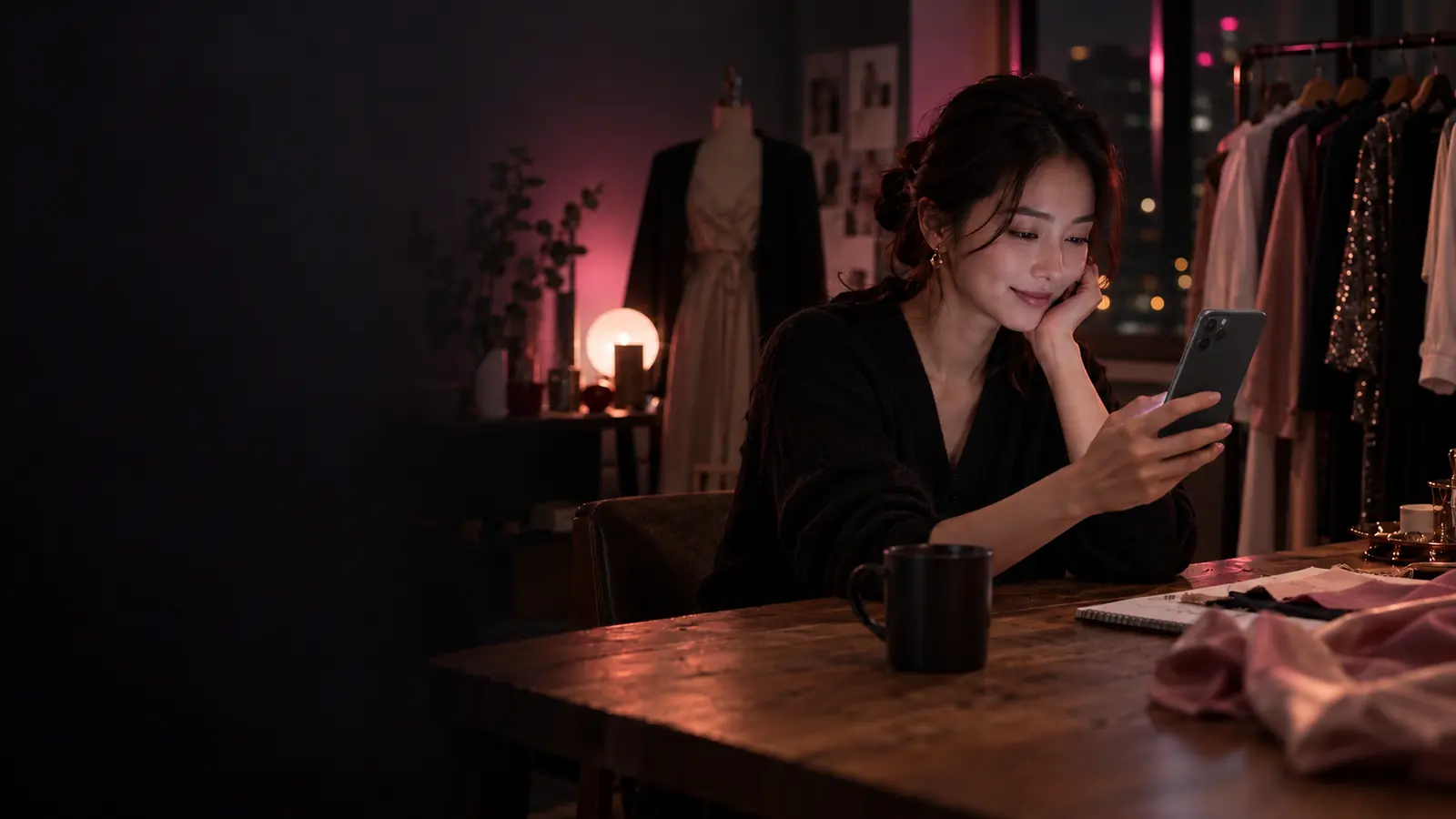 인스타 피드를 보며 미소 짓는 판매자